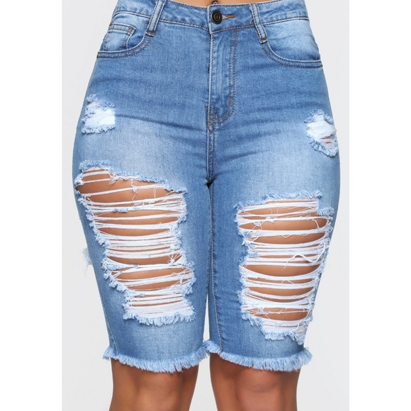 Denim - Medium wash distressed shorts